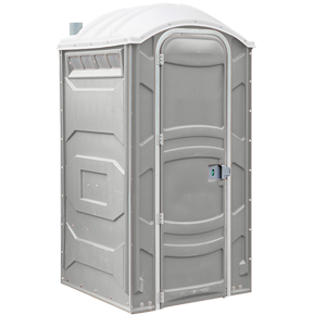 Portable restroom rental delivery truck arriving on site